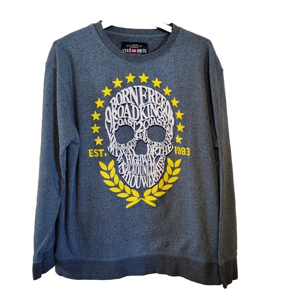 Ecko Unltd Other - Ecko Unltd Mens Skull Graphic Crewneck Pullover Shirt Blue Marled Cotton Large